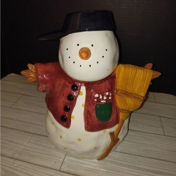Sakura Debbie Mumm Christmas Holiday Cookie Jar Canister Snowman with Broom 10in - Picture 1 of 10